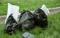 Close-up of garbage bags in the forest on the grass.