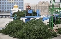 На Театральной площади Саратова продолжаются работы по установке елки