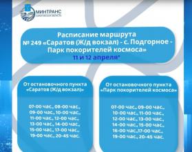11 и 12 апреля будут введены 18 рейсов по автобусному маршруту № 249 «Саратов – с. Подгорное – Парк покорителей космоса»