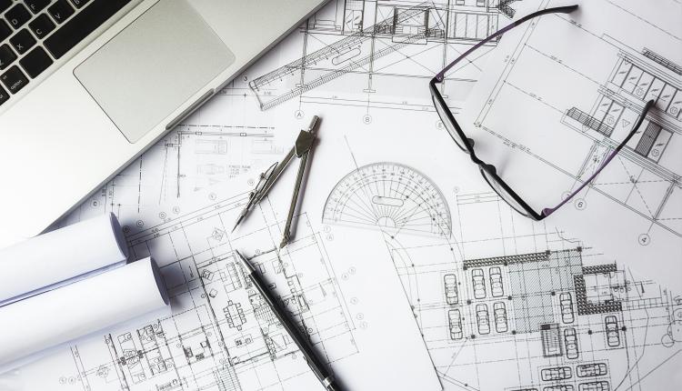 Image of engineering objects on workplace top view.Construction